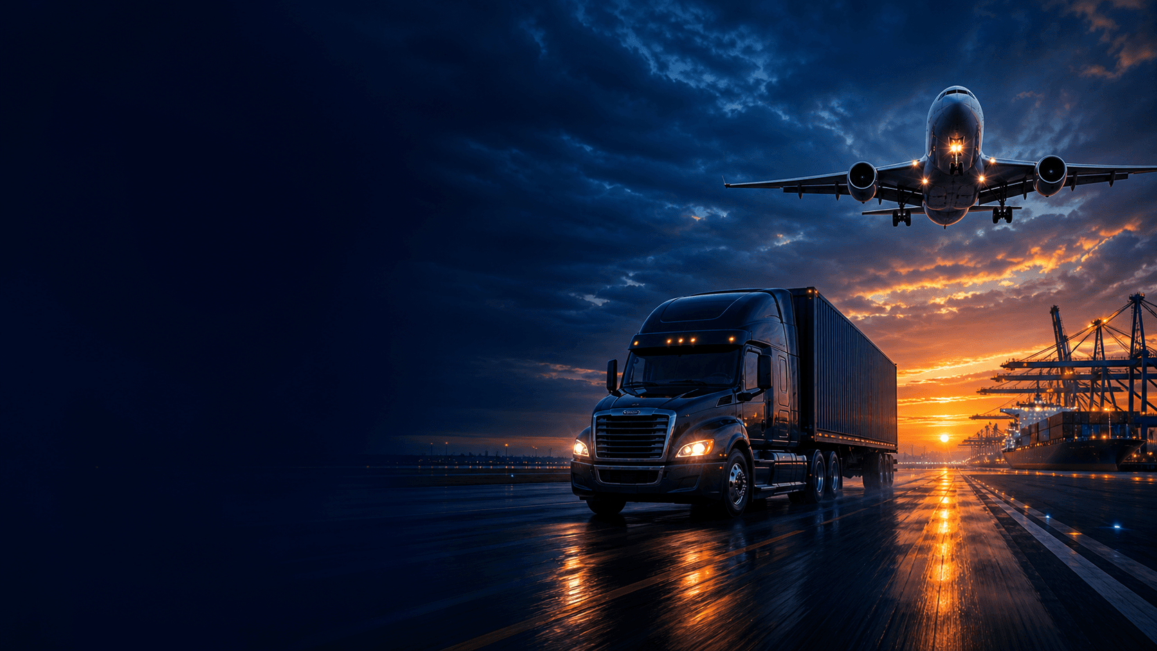 Freight truck, cargo aircraft, and port at sunset